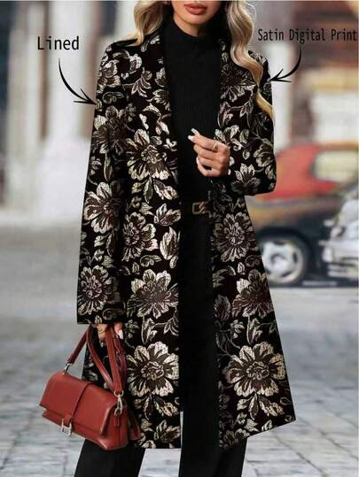 Blazer élégant et décontracté pour femmes, mi-long, avec contraste de couleurs noir et or au col et aux poches. Idéal pour le printemps et l'automne