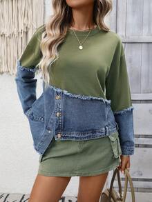 女士优雅拼接卫衣，适合春秋季休闲穿着 - 綠藍 - 查看 6