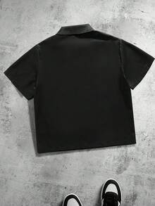 Tween Boy's Casual Fashion Collegiate Retro Style City Name Letter Print Polo Collar Short Sleeve Shirt With Pockets And Front Buttons, Black, Suitable For Outdoor, Back To School, Commute, Social Gatherings, Spring/Summer - Black - View 2