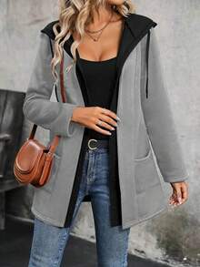 Women's Long-Sleeve Hooded Two-Tone Brushed Two-Thread Jacket - Light Grey - View 3