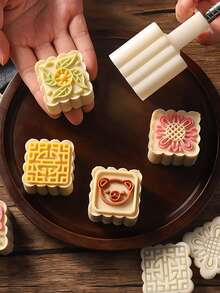 1-Set DIY Moon Cake Mold Kit - 50g Square Floral & Animal Shapes, Easy-To-Use Hand Press For Decorative Pastries, Perfect For & Baking Enthusiasts - Durable Plastic Kitchen Gadget, Cake Decorating Supplies - White - View 4
