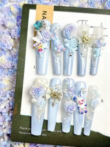 30件套三色渐变软花美甲装饰，3D彩色玫瑰、山茶花、莲花、蝴蝶、心形花朵美甲配件 DIY美甲 - 彩色 - 查看 2