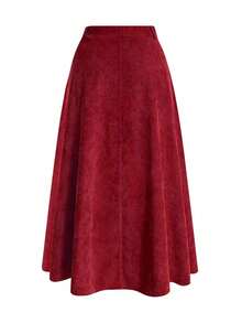 女士复古灯芯绒高腰A字裙，松紧腰纽扣设计，春季款 - 大紅色 - 查看 2