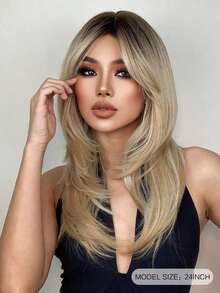 22 Inch Ombre Blonde Long Straight Wig With Bangs For Women - Heat-Resistant Synthetic | Glueless Natural-Looking | Easy Maintenance | Beginner-Friendly | Daily/Party/Music Festival - Vàng - Xem 3