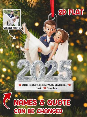 Catygift Decoraciones navideñas personalizadas para recién casados, decoraciones para la primera Navidad como recién casados, decoraciones de boda de acrílico plano personalizadas, regalo para recién casados, decoraciones para la primera fiesta (incluye foto, nombres, bendiciones y año)