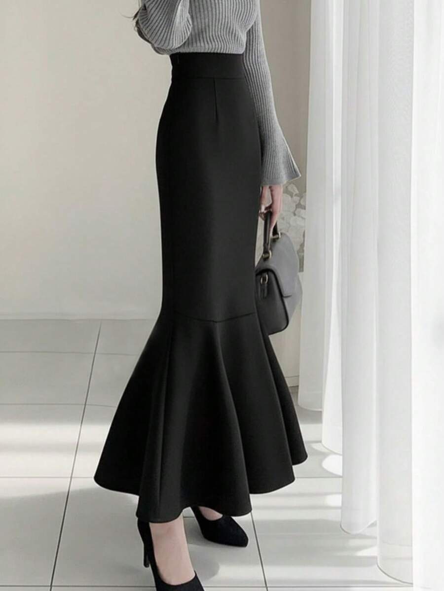 Black Mermaid Skirt, High Waist Bodycon A-Line Skirt For Women, Autumn/Winter - Black - View 1