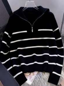 女士条纹休闲拉链宽松针织衫，翻领，长袖 - 條紋 - 查看 4