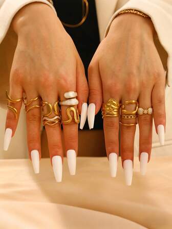 11件套不锈钢不对称液态开口戒指套装，独特几何设计，时尚精致百搭的优雅女士珠宝，适合派对、宴会等场合。