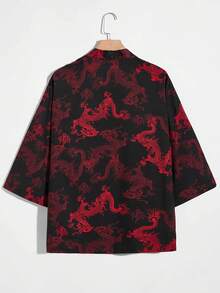 Retro Japanese-Style Improved Chinese Hanfu Dragon Robe Print Kimono Cover Up, Summer Loose Beach Cover-Up Robe Sunscreen Jacket - Red - View 9