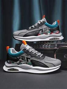 Zapatillas de deporte de moda con bloques de color para hombre, zapatillas de tenis casuales y elegantes para hombre, zapatillas de fitness para hombre, suaves y cómodas, con alta amortiguación, diseño de suela elástica antideslizante, adecuadas para caminar, transpirables y elegantes, versátiles para caminar, deportes al aire libre, correr, ejercicio, fitness, fiestas y uso diario. - Gris - Ver 1