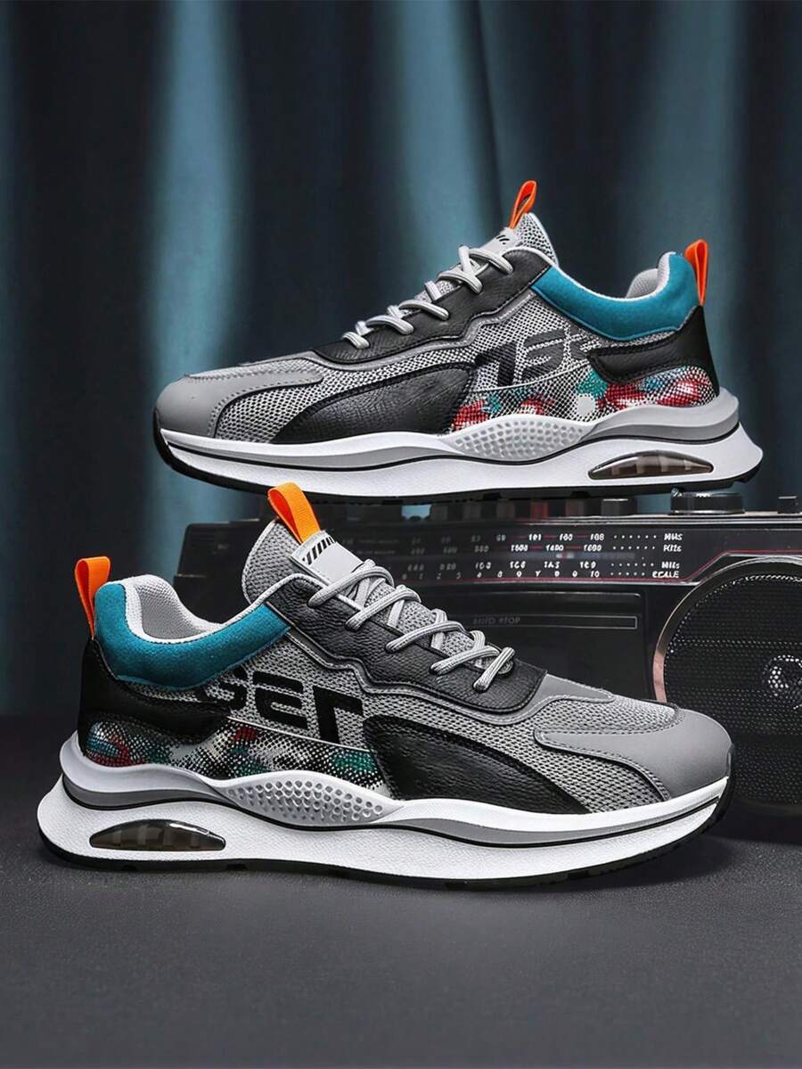 Zapatillas de deporte de moda con bloques de color para hombre, zapatillas de tenis casuales y elegantes para hombre, zapatillas de fitness para hombre, suaves y cómodas, con alta amortiguación, diseño de suela elástica antideslizante, adecuadas para caminar, transpirables y elegantes, versátiles para caminar, deportes al aire libre, correr, ejercicio, fitness, fiestas y uso diario. - Gris - Ver 1