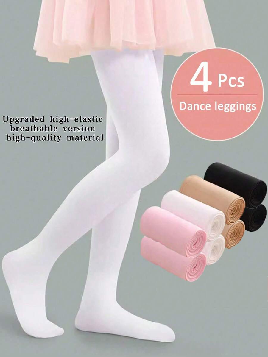 4 paires de leggings de couleur unie pour enfants, noir, blanc, rose et kaki, convenant pour le port quotidien et la danse pour les filles