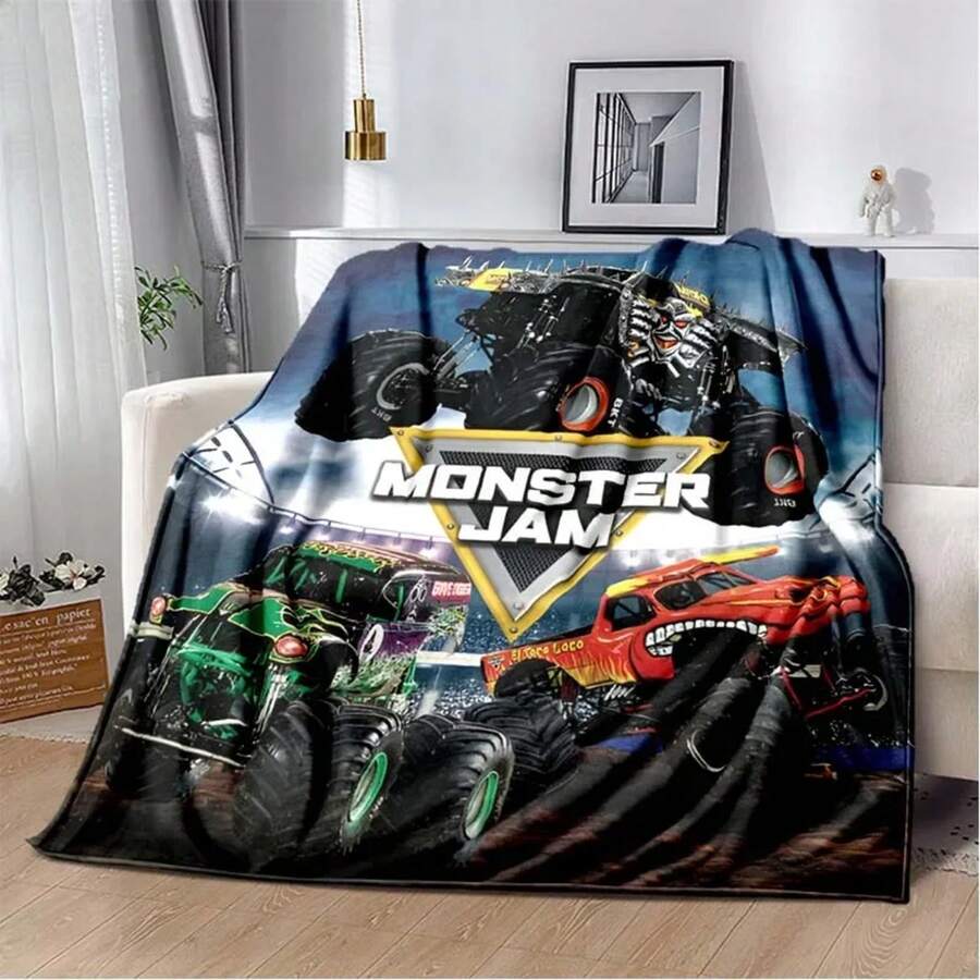 3D Monster Jam Monster Truck Cartoon Blanket Flannel Soft Throw Blanket Boys Bedroom Sofa Bed Warm Throw Blanket Picnic Blanket - 黑色 - 查看 1
