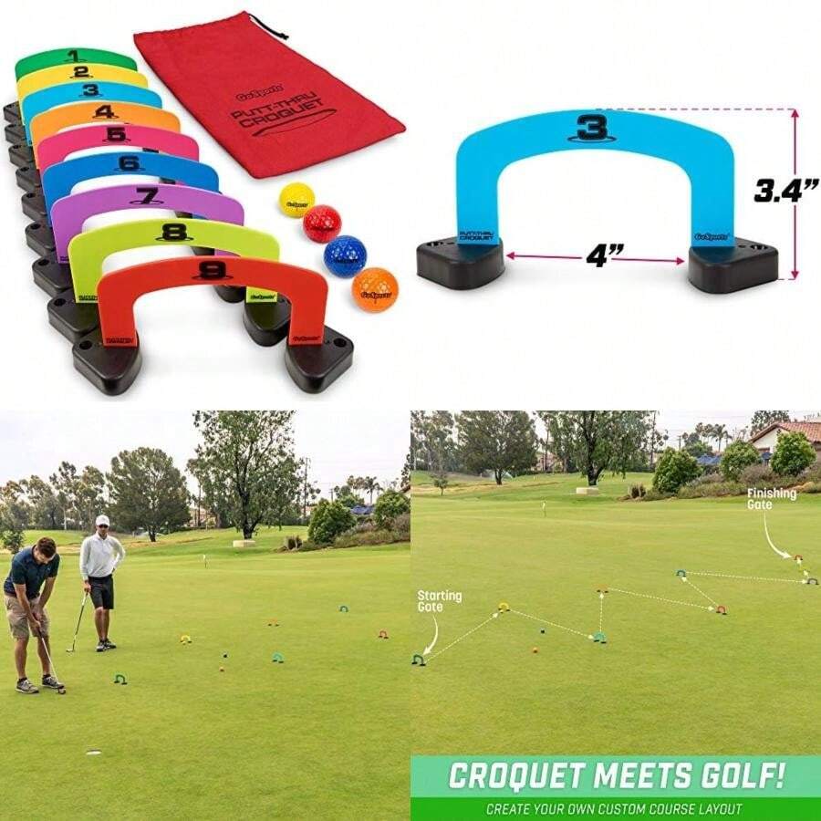 Putt-Thru Croquet Putting Game – Incluye 9 Puertas, 4 Pelotas de Golf y Bolsa – Juega en casa, la Oficina o en el Verde(13 piezas) - Multicolor - Ver 1