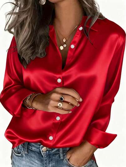 Women's Fashion New Casual Satin Button-Up Shirt, Suitable For All Seasons