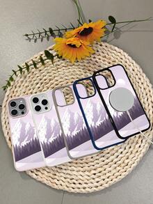 Funda de Silicona TPU para iPhone (X, XS, 11, 12, 13, 14, 15, 16) y  (S22, S23, S24, S25) - Estilo Minimalista Paisaje de Montañas con Luna - Diseño Artístico para Mujeres - Gris Claro - Ver 2