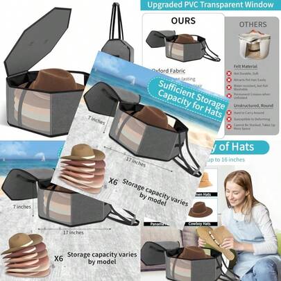 Dreamtop Large Hat Boxes For Women Storage And Travel Foldable Hat Boxes Cowboy Cap Hat Organizer For Closet With Handles For Men Storage Large Hat Bag Carrier Grey