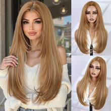 26 英寸 Yaki 直发假发 中分分层假发 女士合成纤维发质 脸部框架分层剪裁假发 长直发假发 渐变棕色分层鲍勃假发 棕色/金色 别致时尚的分层渐变假发 日常生活或派对用假发