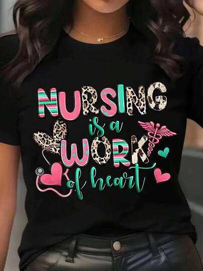 Nursing Is A Work Of Heart Leopard Print T-Shirt For Nurses Medical Professionals And Healthcare Workers, Low-Stretch Cotton Fabric, Is The Best Gift For Female Friends (S-4XL).