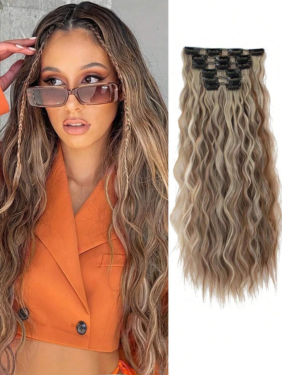 22-Inch Cream Curl Clip In Multi-Colored Hair Extensions With 16 Clip 6 Pieces Style Wig Pieces - Multicolor - View 1
