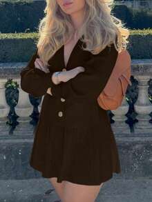 FOR BEAUTY Women Spring/Summer Elegant Cardigan & Pleated Skirt 2-Piece Set, Casual, Work, Fashion, Versatile Outfit - Brown - View 5