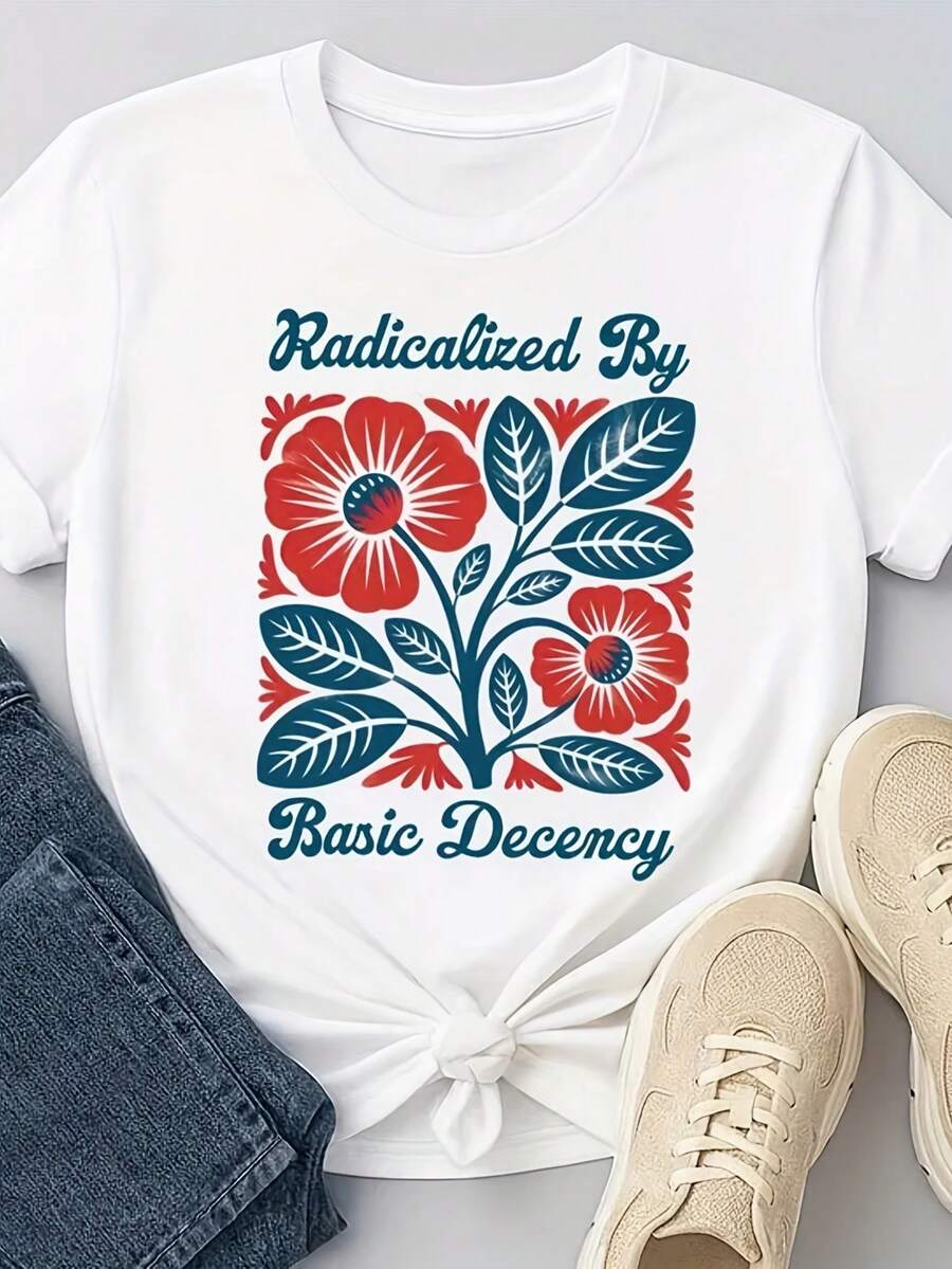 Radicalized By Basic Decency Shirt, Political Protest Tee, Vintage 90S Y2K Tee, Casual Round Neck, Machine Washable, All-Season Comfort, Everyday Casual Tee, White LPJG - 白色 - 查看 1