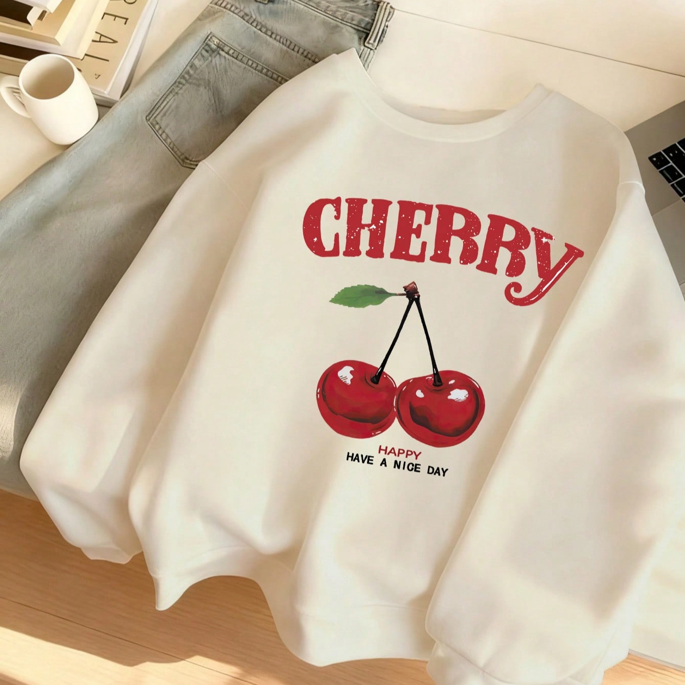 Pieza Sudadera casual de cuello redondo con estampado de cerezas para niñas, sudadera de manga larga gruesa para estudiantes en otoño/invierno