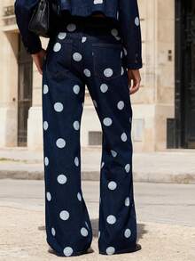 Women's Low Waist Polka Dots Wide Leg Denim Pants Summer Baggy Jeans Loose Fit Trousers For Street Wear - 藍色 - 查看 2