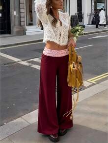 Women's Lightweight Soft Lounge Pants Floral Print Fold Over Waist Wide Leg Trousers For Vacation Home - 紅色 - 查看 2