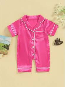 Pijama de verano para niñas pequeñas, manga corta, solapa, color liso, con botones - Rosa Fucsia - Ver 1