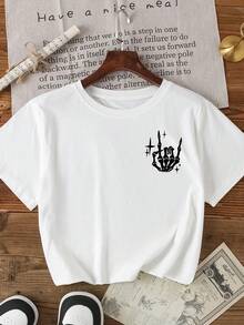 Camiseta de mujer con cuello redondo y estampado de calavera, de ajuste informal, camiseta de verano, prenda superior para dama - Blanco - Ver 3