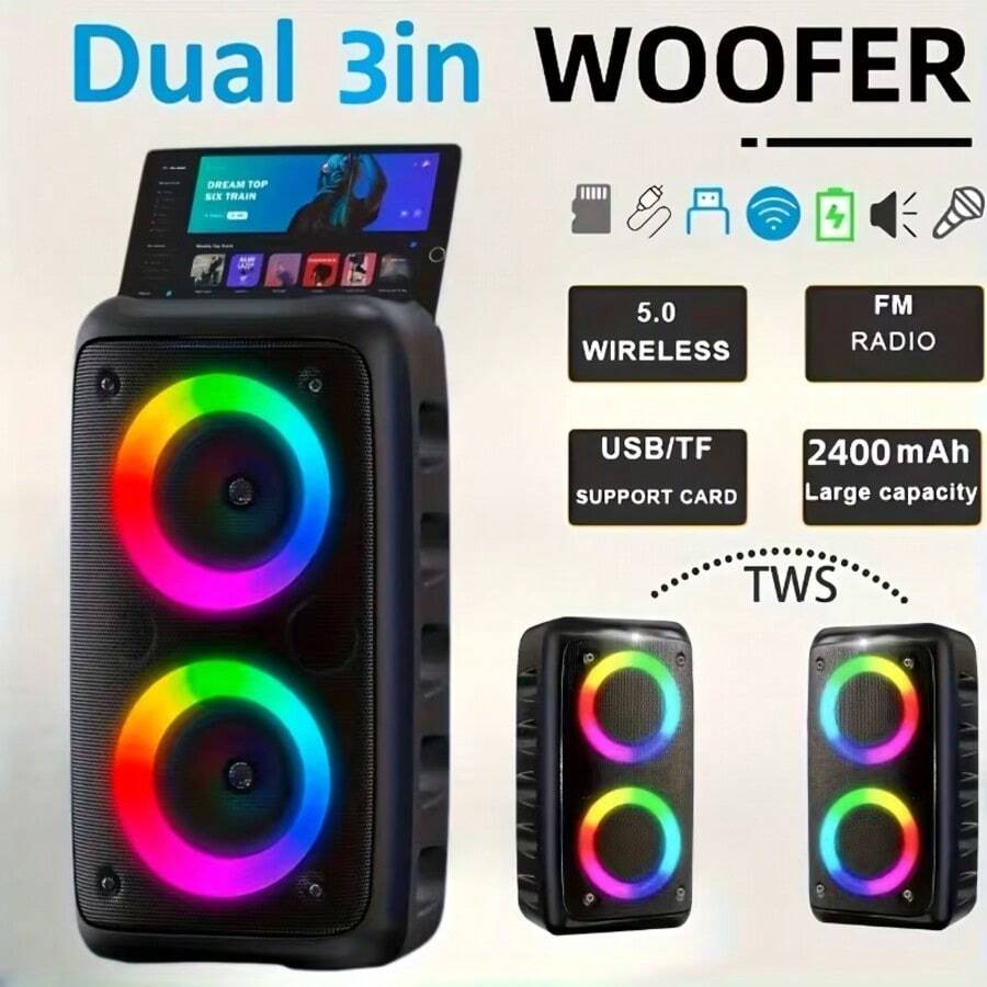 Regalo de navidad regalo de fiesta sistema de altavoz compacto con subwoofer - altavoz estéreo inalámbrico con luces de colores, función TWS y soporte de tarjeta USB y TF para eventos al aire libre - Negro - Ver 1