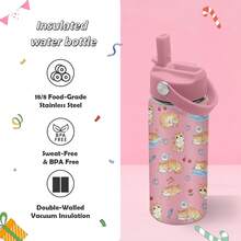 Botella de agua aislada de acero inoxidable de 16 onzas con tapa con pajita, a prueba de fugas, adecuada para la escuela y uso en interiores, taza de regalo de cumpleaños - Gato rosa y naranja - Ver 2