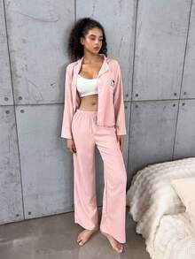 SANRIO [WONDER WORLD]2pcs Hello Kitty Women Collared Button Down Long Sleeve Shirt Pajama + Elastic Waist Pants Sleepwear Set - Pink - View 6