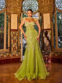 Vestido de noche de lentejuelas de lujo para mujer, vestido largo de sirena con cola - Vestido de fiesta formal de alta gama, vestido de invitada de boda, vestido de graduación con cristales bordados a mano, vestido de cóctel, vestido largo brillante para celebración de Eid en Oriente Medio/Árabe, elegante vestido de noche con brillo para mujer primaveral - Verde - Ver 6