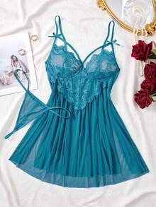 Plus Size Lace Camisole Nightgown, V-Neck Sleepwear, Mesh Nightdress With Side Slit - 薄荷綠 - 查看 4