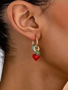 1 Pair Elegant Red Heart Earrings, Detachable & Adjustable Design, Suitable For Parties, Holidays, Daily Wear, Graceful & Charming Gift For Women, Autumn/Winter - Red - View 3