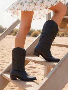 Women's Cowboy Boots Embroidery Stitching Pull-On  Almond Pointed Toe Chunky Heel Fashion Matching Dress Mid-Calf Black Boots - ĐEN/PU - Xem 4