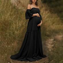黑色孕妇露肩层叠短袖梭织面料微弹力长款礼服，荷叶边裙摆拖尾，适合草坪、海滩、花园等特殊场合春季拍摄 - 黑色 - 查看 9