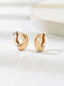 1 Pair Fashionable Asymmetrical Textured Dual-Tone Hoop Earrings For Women, Suitable For Vacation And Daily Wear - Multicolor - View 1