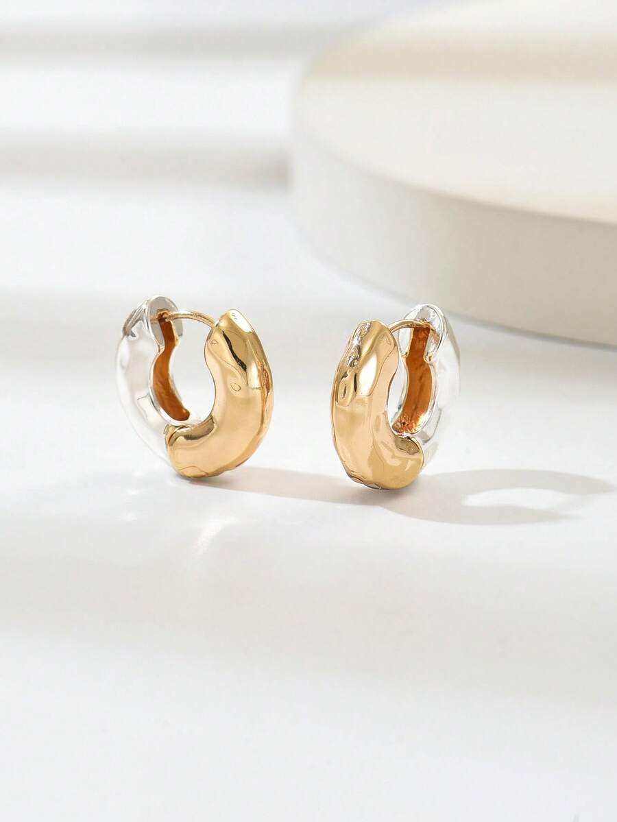 1 Pair Fashionable Asymmetrical Textured Dual-Tone Hoop Earrings For Women, Suitable For Vacation And Daily Wear - Multicolor - View 1