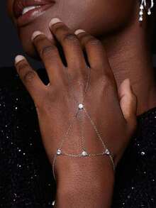 1pc New Rhinestone Linked Finger Hand Chain, Niche High-End Bridal Mesh Back Hand Jewelry, Fashion Finger Ring Bracelet, Jewelry - Chain Bracelet - View 1