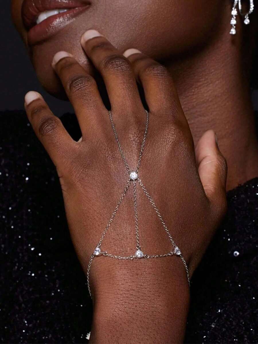 1pc New Rhinestone Linked Finger Hand Chain, Niche High-End Bridal Mesh Back Hand Jewelry, Fashion Finger Ring Bracelet, Jewelry - Chain Bracelet - View 1