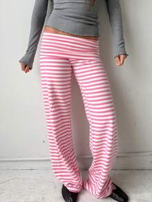 Y2k Fold Over Yoga Pants For Women Low Rise Straight Leg Sweatpants Striped Stretchy Loose Gym Lounge Leggings Flared Pants Streetwear - 粉色 - 查看 4