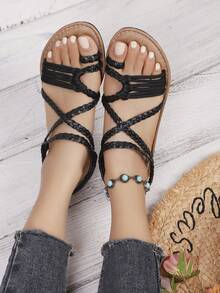 Sandalias planas cómodas y versátiles de mujer con diseño tejido, para el verano - Negro - Ver 3