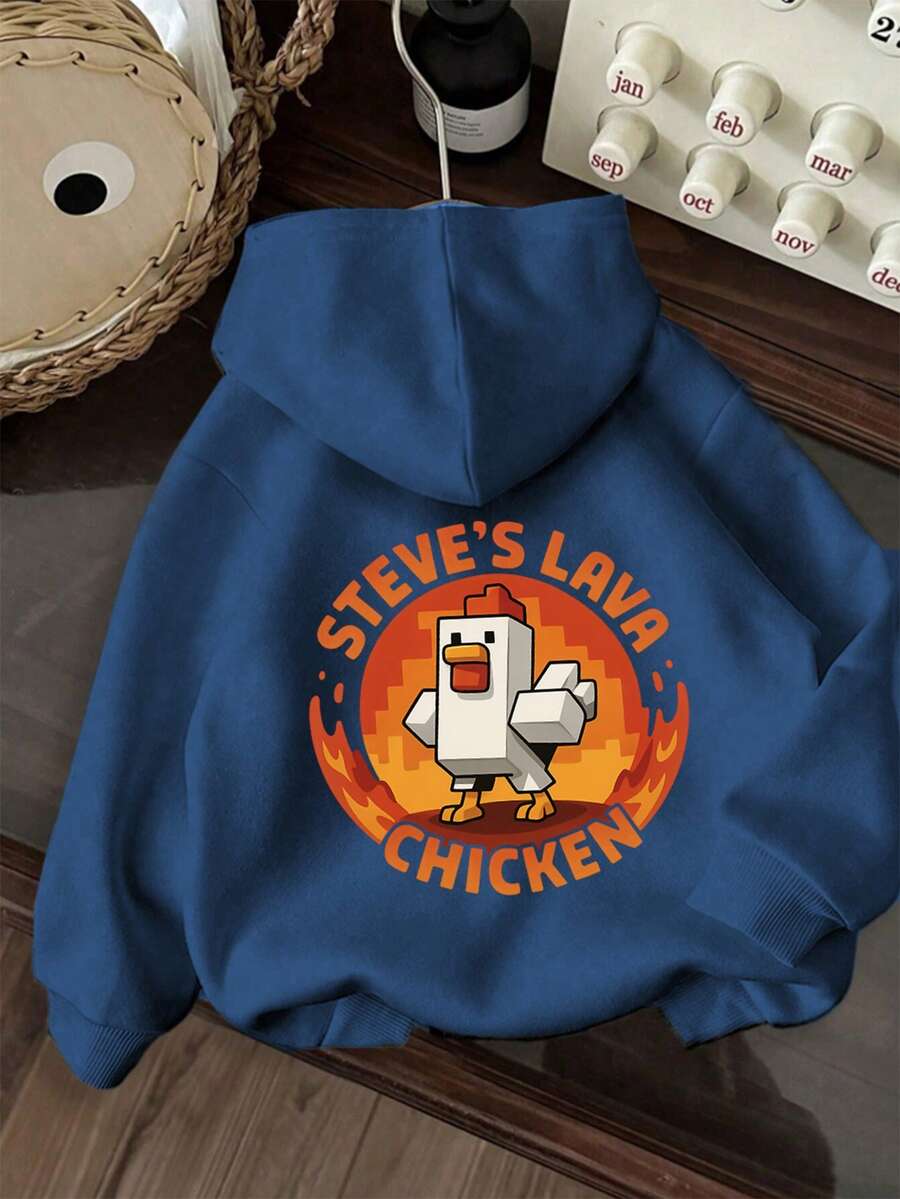 كنزة هودي من الصوف الناعم بقصة فضفاضة مريحة وكاجوال للأولاد الصغار، بتصميم "Steve's Lava Chicken" تعكس أسلوب الجيمر الشخصي - أزرق بحري - مشاهدة 1