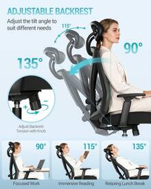 HaluPeit Ergonomischer Bürostuhl, Computerstuhl, Drehstuhl hat Verstellbarer Lordosenstütze, Kopfstütze und Armlehne, Höhenverstellung, Rückenschonend, Maximale Belastung 150 kg, Schwarz - Schwarz - Übersicht 2
