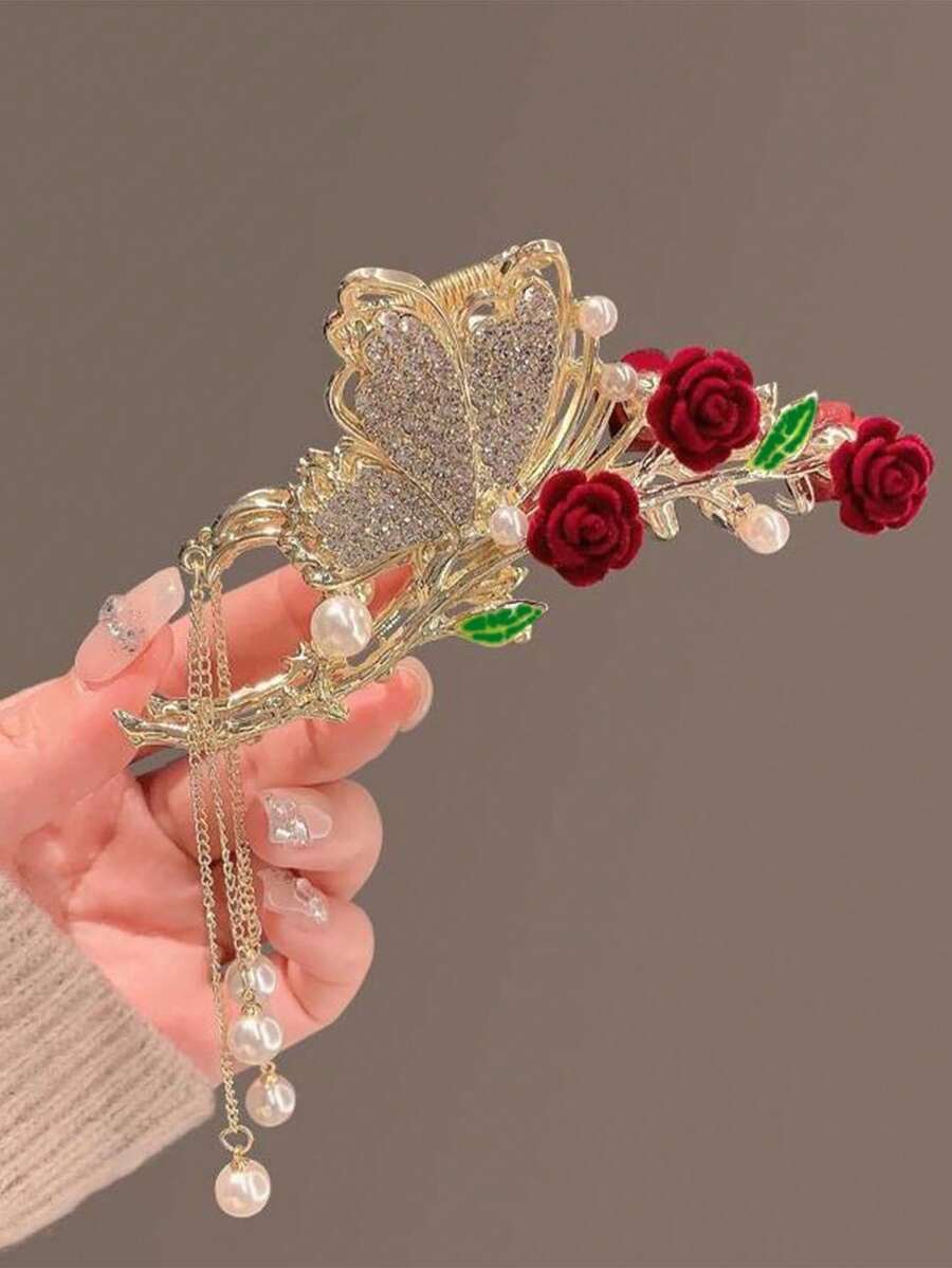 1pc Lady's Alloy Rhinestone Tassel Butterfly & Rose Hair Claw Clip Suitable For Daily Dressing Elegant Valentine's Day Valentines Hair Clips Hair Jaw Clip Hair Clamps Hair Clutch Hair Catcher Clip Fall Winter Hair Accessories For Women For Vacation Outfits Woman Flower Hair Clip Valentines Gift Summer - Gold - View 1