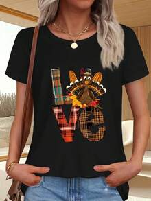 Thanksgiving T-Shirt With Turkey Print And "Love" Lettering In A Checkered Pattern - 黑色 - 查看 1