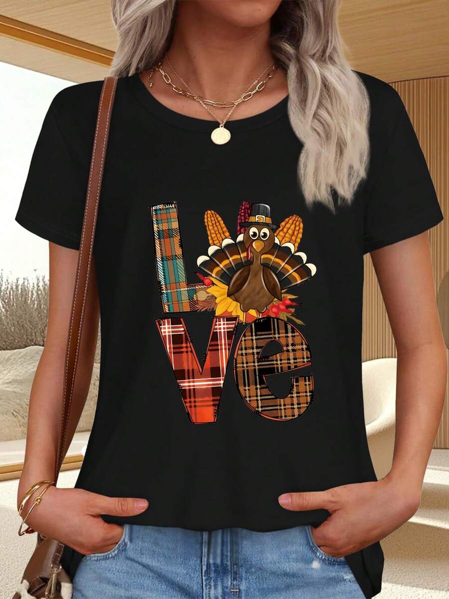 Thanksgiving T-Shirt With Turkey Print And "Love" Lettering In A Checkered Pattern - 黑色 - 查看 1